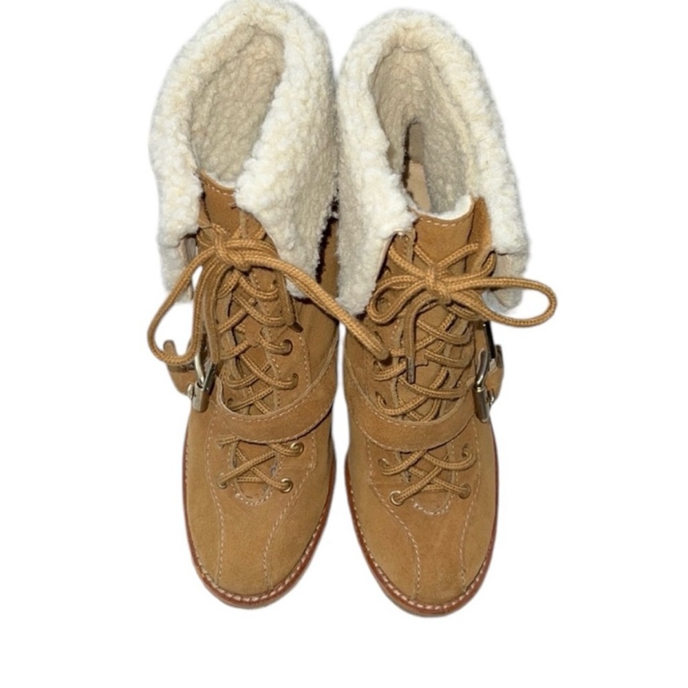 New Michael Kors Tan Suede Faux Shearling Lace up Boot Heel is 4’5